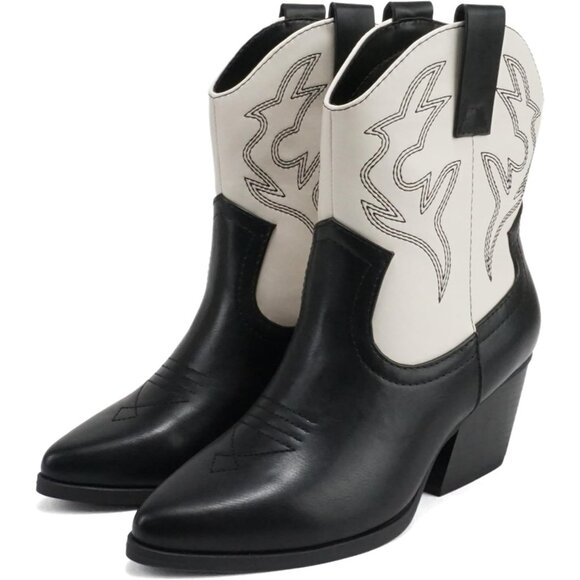 Blazing Ankle Boot Women Black White mitation SuedePointe Toe Low Heel - Picture 4 of 4